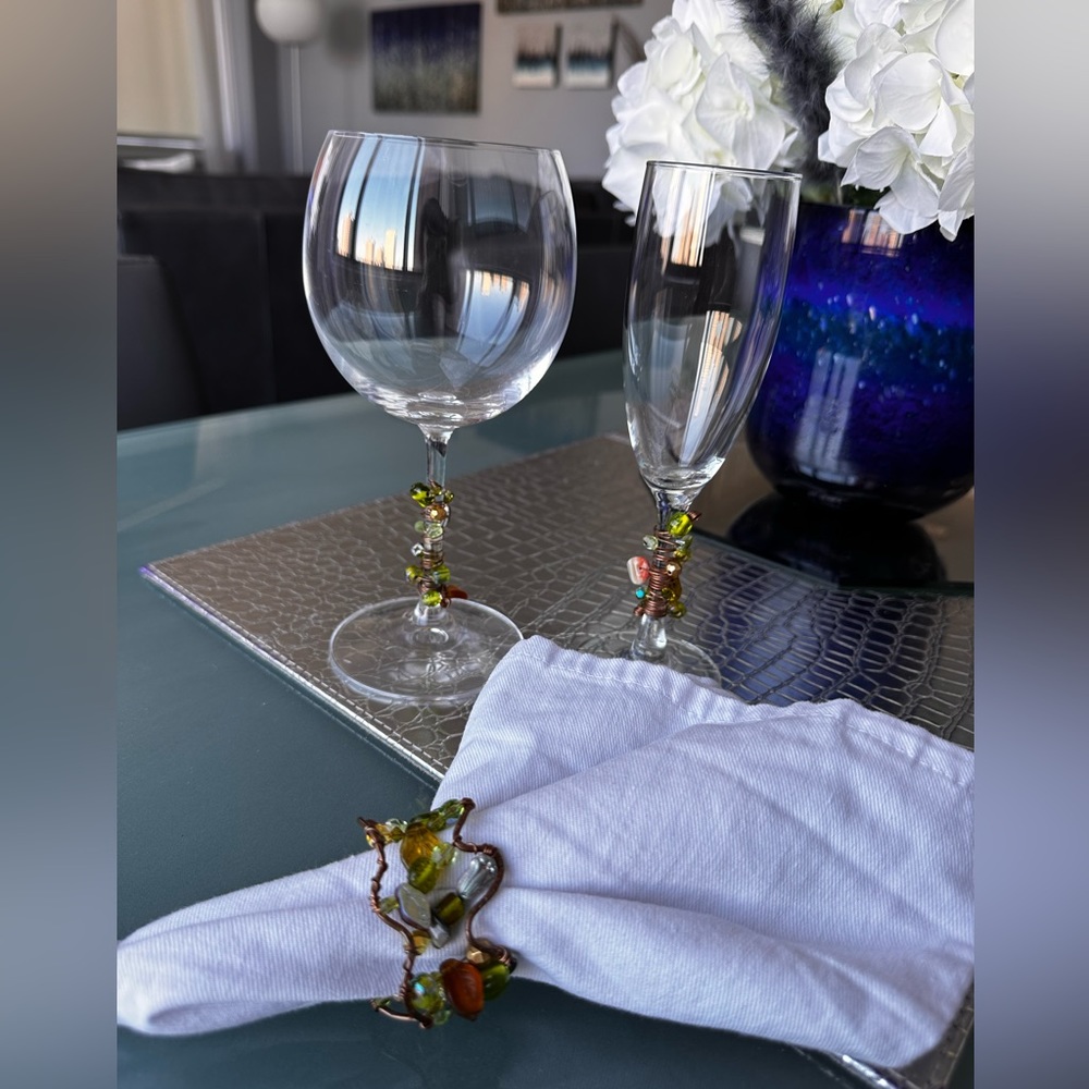 Hand crafted jeweled napkin rings, wine & champagne glasses